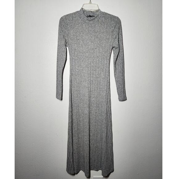 Zara Gray Marl Knit Midi Dress Long Sleeve Mock Neck A-Line Ribbed Jersey - Picture 2 of 11